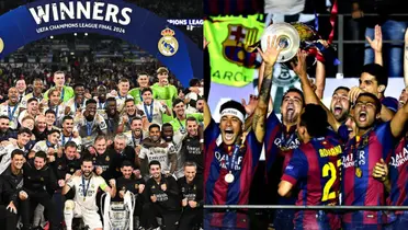 A la izquierda el Madrid levantando la Champions de este sábado, a la derecha el Barça con su última Champions de 2015.