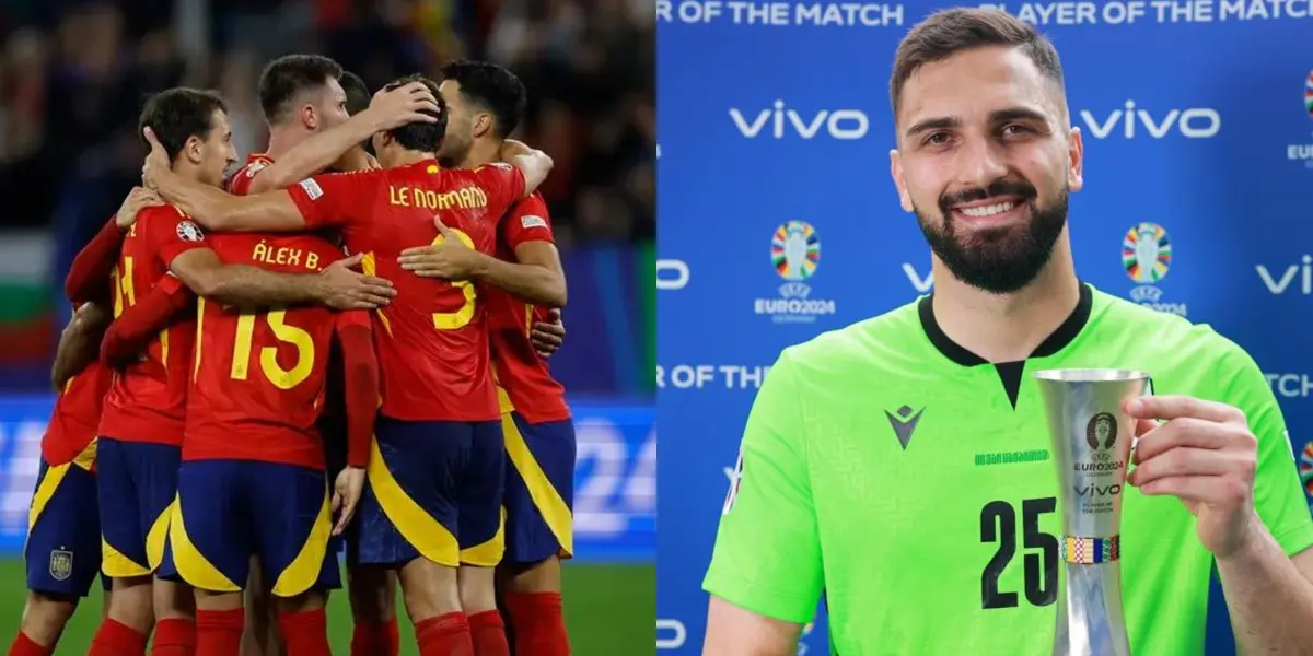 España festeja tras su gol en la Eurocopa y Mamardashvili levanta su trofeo de MVP. (Foto: Collage)