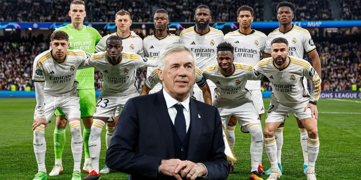 La alineación del Real Madrid y su entrenador Carlo Ancelotti.