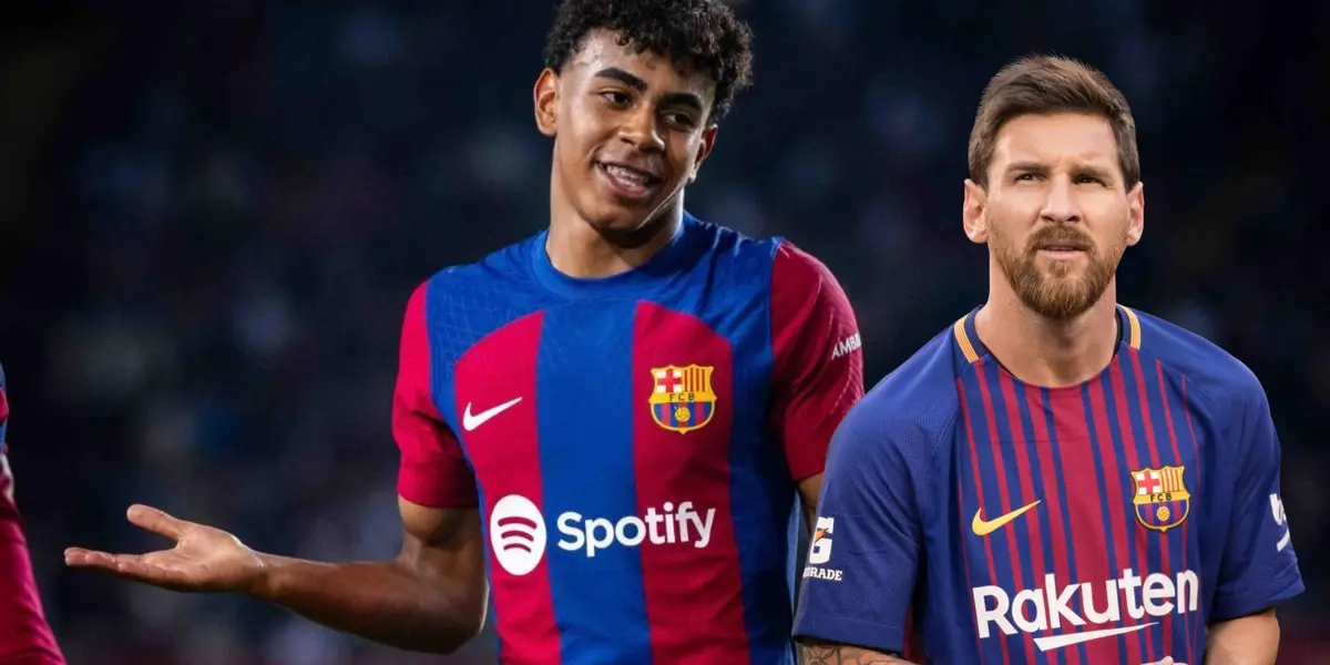 Lamine Yamal y Lionel Messi con la camiseta del FC Barcelona.