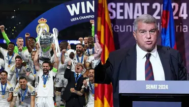 Laporta en la sesión del Senado del FC Barcelona y el Real Madrid levantando la Champions de este año.