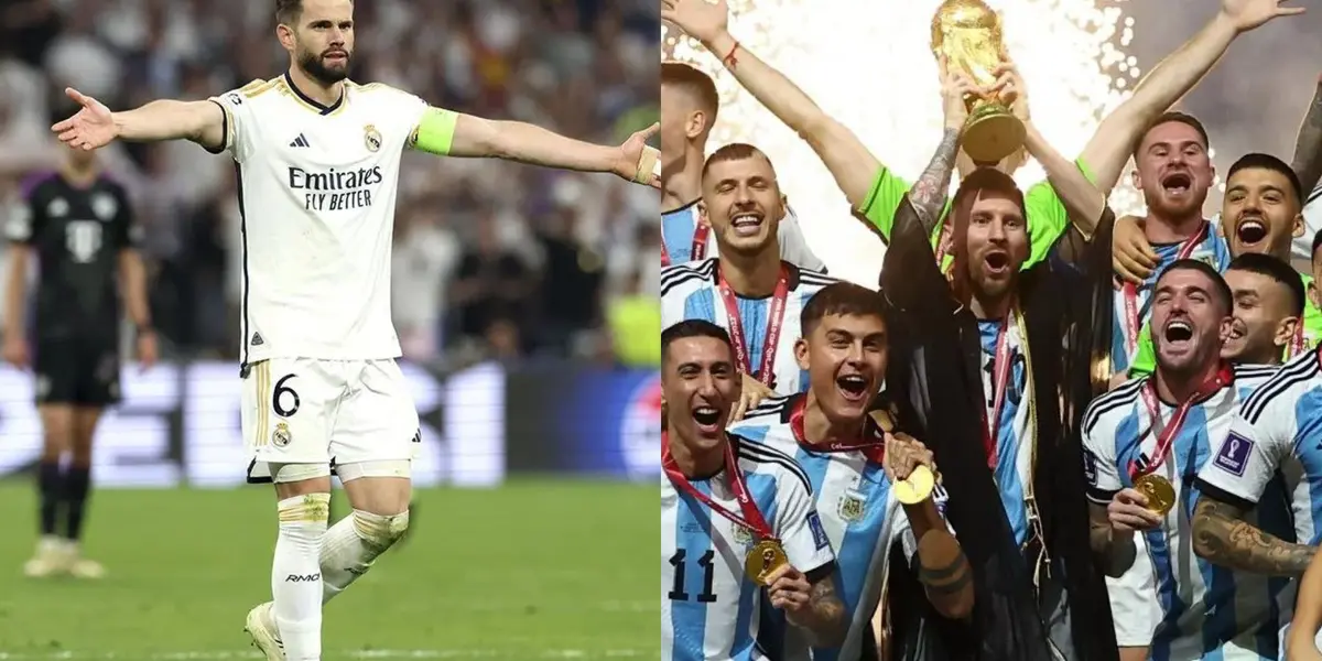 Nacho con la camiseta del Real Madrid y Argentina festejando el Mundial de Qatar.