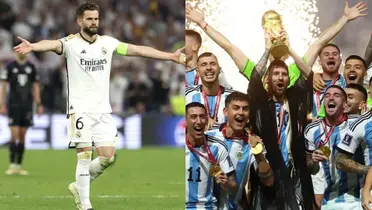 Nacho con la camiseta del Real Madrid y Argentina festejando el Mundial de Qatar.