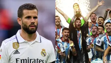 Nacho con la camiseta del Real Madrid y Argentina levantando la copa del mundo.