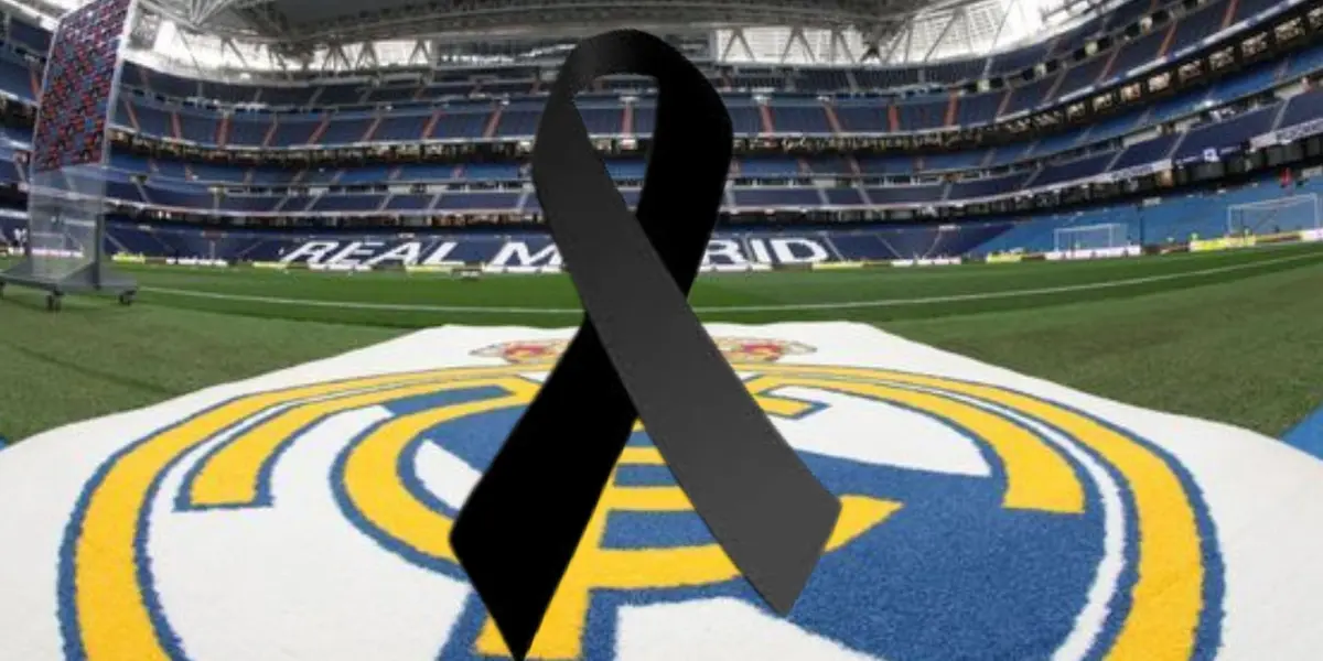 El estadio del Real Madrid junto a lazo negro de luto. (Foto: Real Madrid)