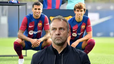 Joao Félix y Joao Cancelo en su presentación como jugadores del Barça y Hansi Flick, nuevo DT.