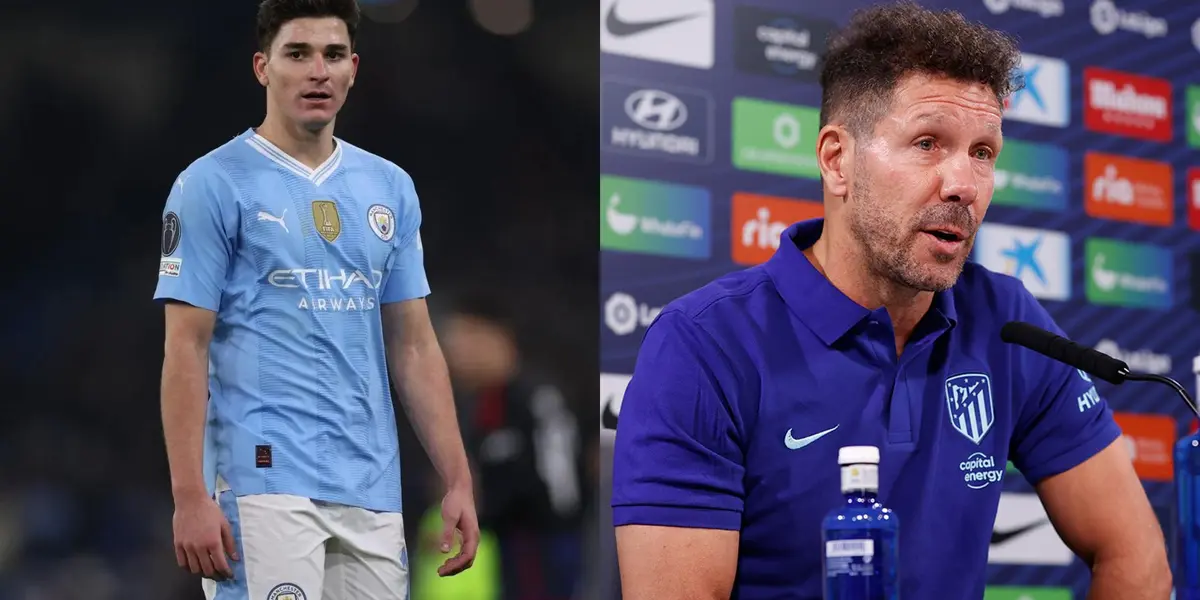 Julián Álvarez con la camiseta del Manchester City y el Cholo Simeone en rueda de prensa.