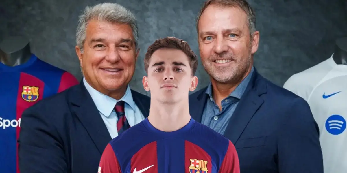 Laporta y Flick reunidos y Gavi con la camiseta del Barcelona.