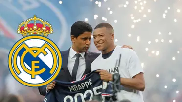 Mbapé junto a Al-Khelaifi en el anuncio que finalmente no fue.