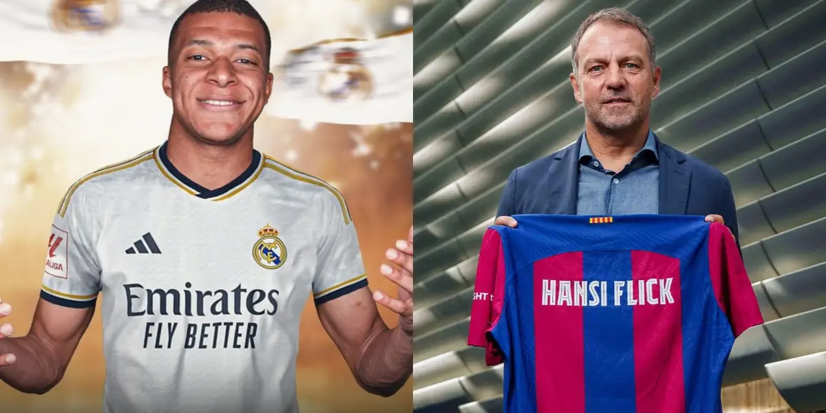 Mbappé con la camiseta del Madrid y Hansi Flick con la del Barcelona, ambos harán su estreno.