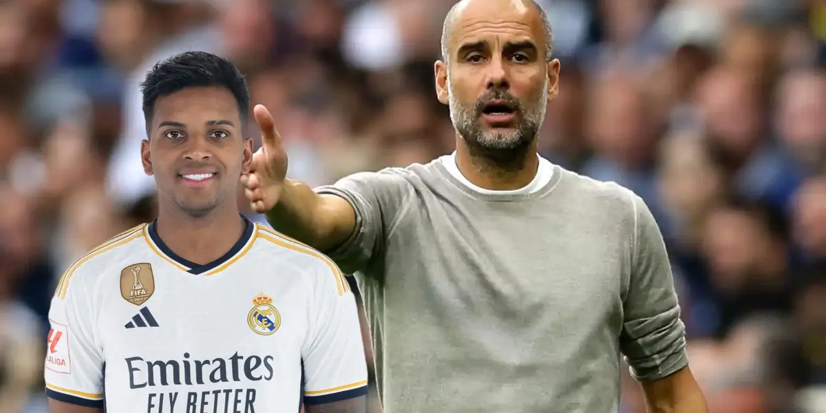 Rodrygo con la camiseta del Real Madrid y Josep Guardiola en acción con el Manchester City.