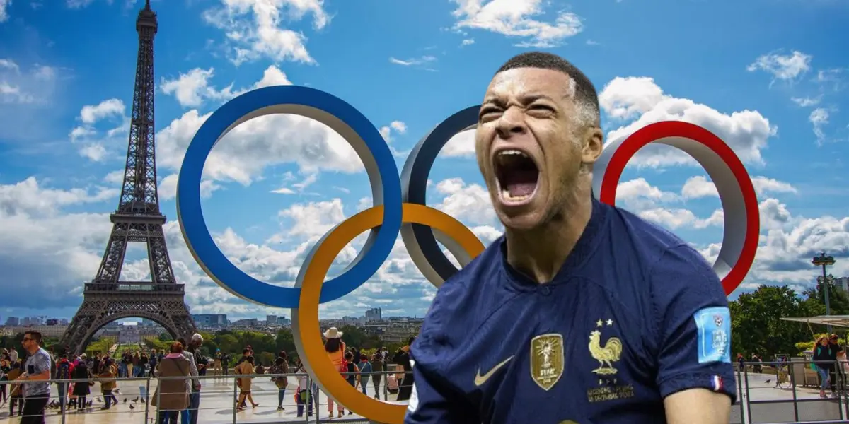 Los anillos olímpicos en la Torre Eiffel y Mbappé con la camiseta de Francia.